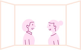 Illustration of two people talking, framed by a window.