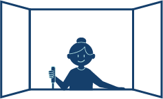 Illustration of a person holding a walking stick looking out a window